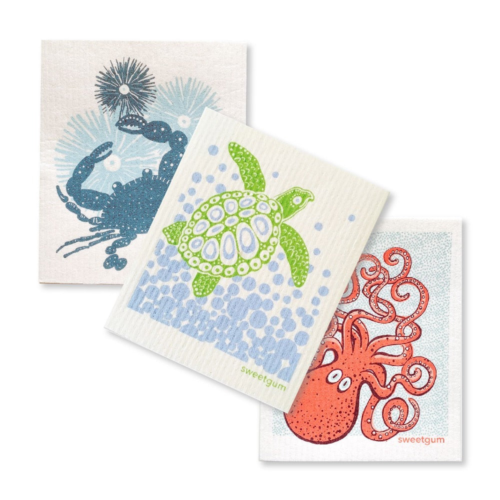 Image of Bundle of 3 Swedish Dishcloths | Sea turtle/ Crab/ Octopus