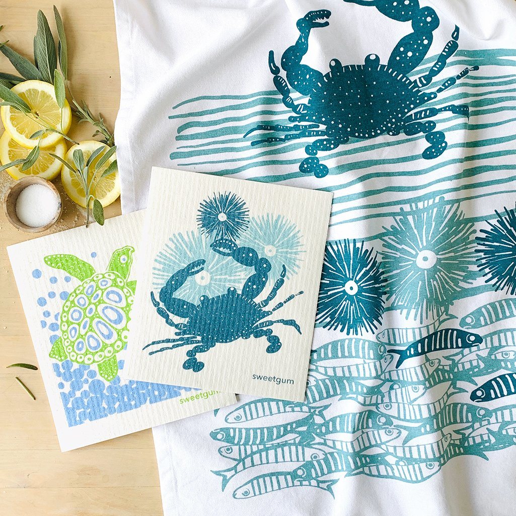 Image of Crab Tea Towel + 2 Swedish Dishcloths Bundle