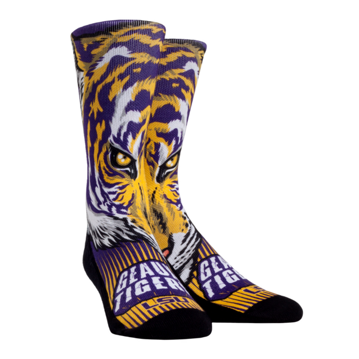 LSU Tigers Rock 'Em Flat Knit Tiger Face Crew Socks — Bengals & Bandits