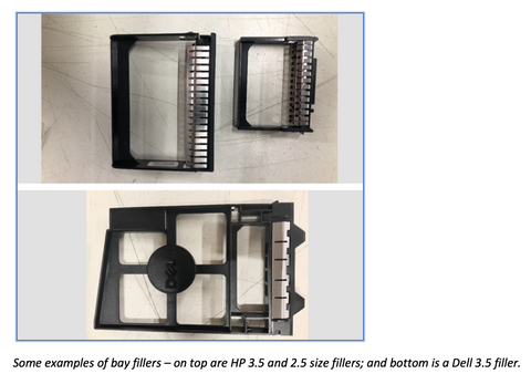 Some examples of bay fillers – on top are HP 3.5 and 2.5 size fillers; and bottom is a Dell 3.5 filler.