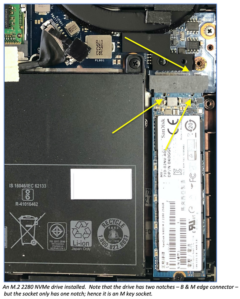 An M.2 2280 NVMe drive installed.  Note that the drive has two notches – B & M edge connector –  but the socket only has one notch; hence it is an M key socket.  