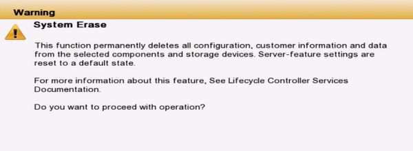 Dell Server Reset, System Erase Warning 1