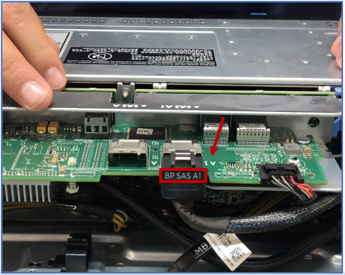 Install the cable into the correct backplane port. For example, you can see the cable is labeled BP SAS A1. Install into the A1 backplane port.