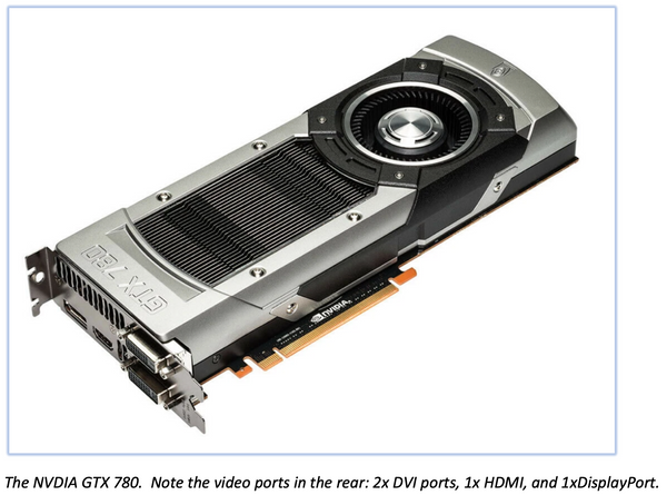 The NVDIA GTX 780.  Note the video ports in the rear: 2x DVI ports, 1x HDMI, and 1xDisplayPort. 