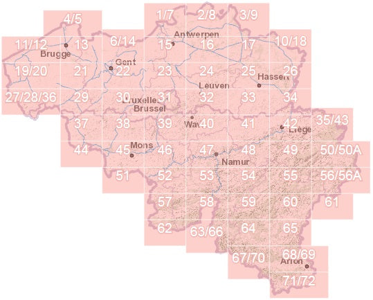 Tableau d'assemblage IGN - TOP 50 Belgique 