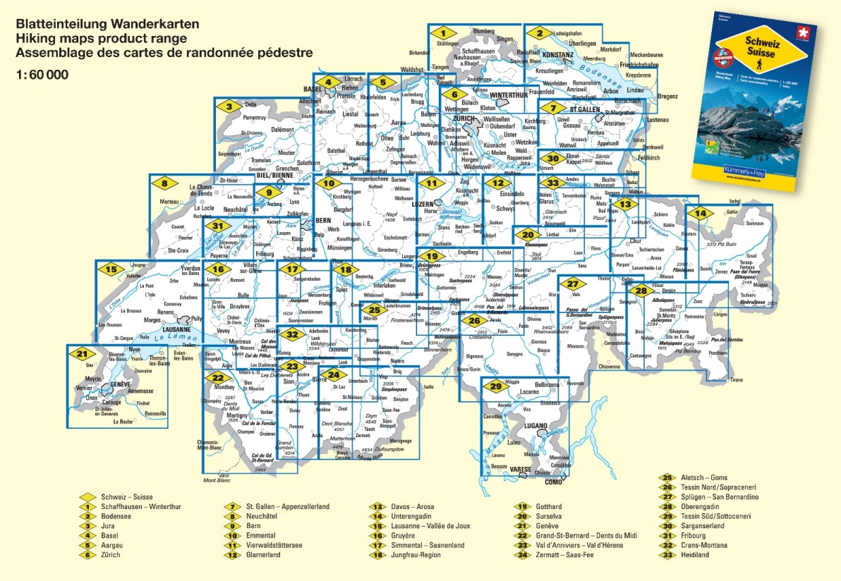 Tableau d'assemblage Kümmerly & Frey - randonnée pédestre en Suisse au 1/60 000