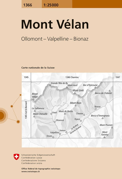 Carte de randonnée n° 1366 - Mont Vélan (Suisse) | Swisstopo - 1/25 000 carte pliée Swisstopo 