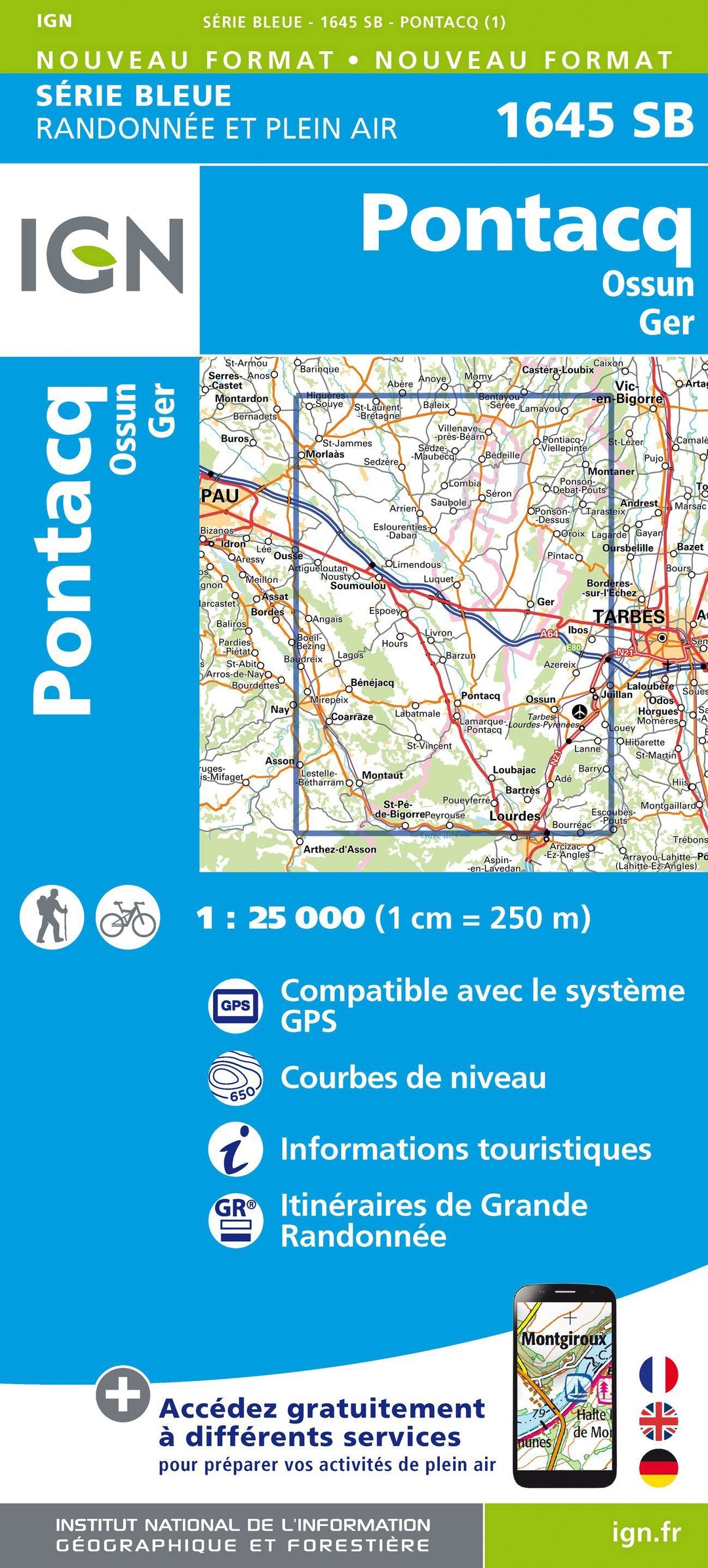 Carte de randonnée n° 1645 - Pontacq, Ossun, Ger | IGN - Série Bleue carte pliée IGN 
