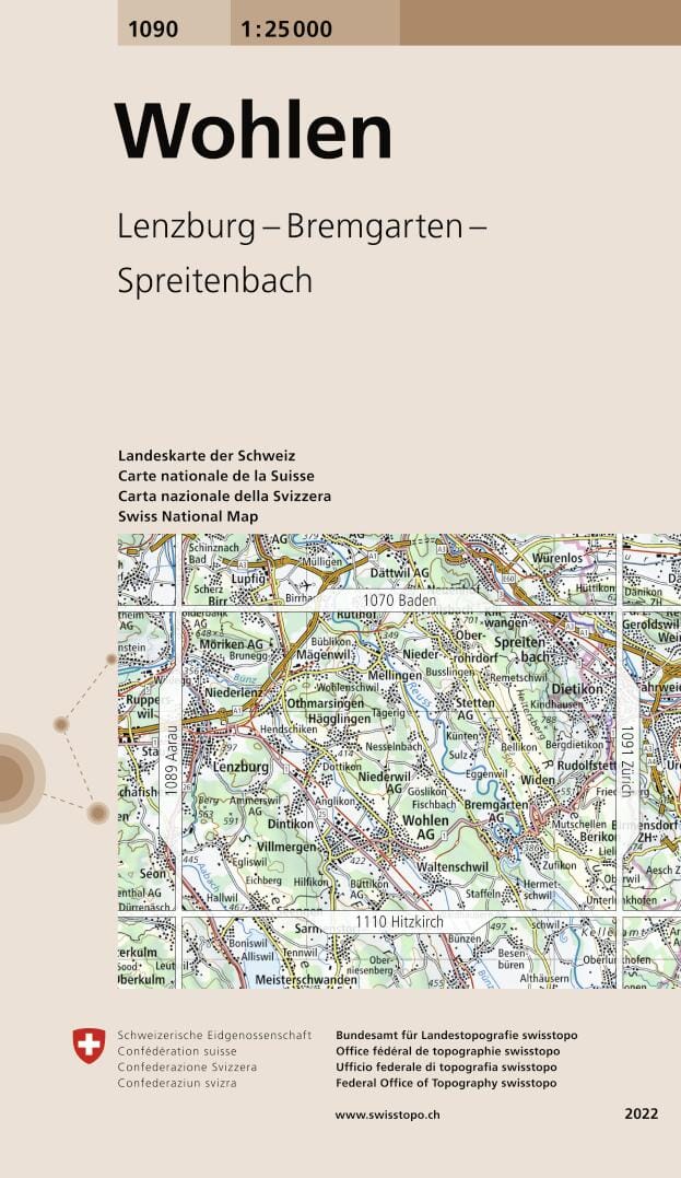 Carte topographique n° 1090 - Wohlen (Suisse) | Swisstopo - 1/25 000 carte pliée Swisstopo 