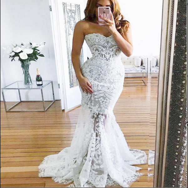 Charming Sweetheart Long Mermaid Lace Wedding Dresses, Sexy Backless T ...