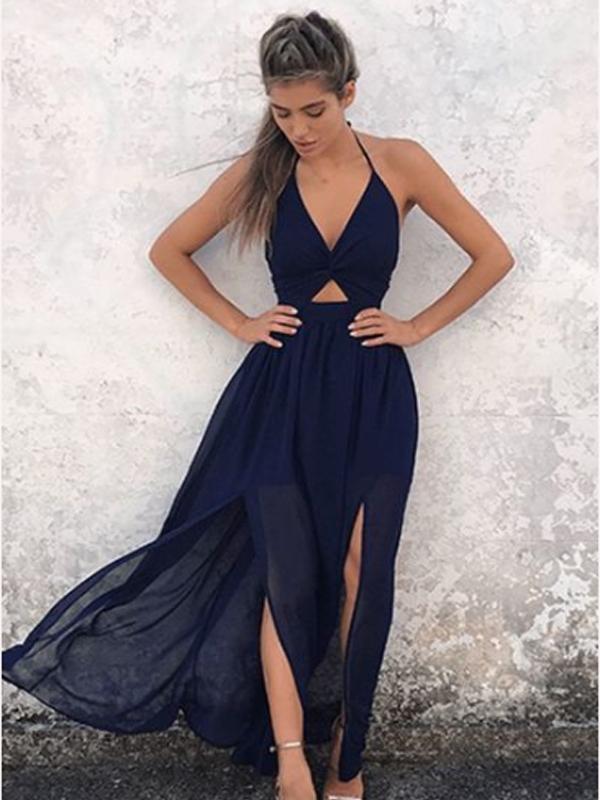 A-Line Halter Backless Navy-Blue Chiffon Prom Dresses ,Cheap Prom Dres ...