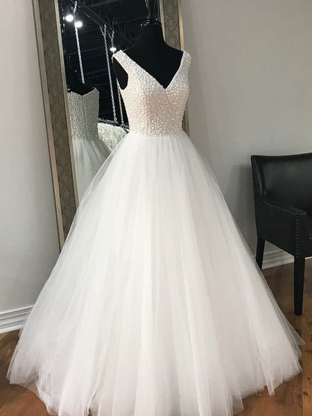 V Neck White Rhinestone Cheap A Line Custom Wedding Dresses Online
