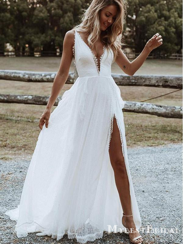 Charming V-neck Lace Side Slit A-line Long Cheap Wedding Dresses, WDS0 ...