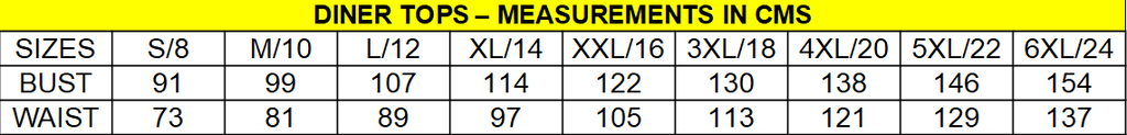 old school pinup diner tops size guide