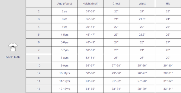 kids tshirt size guide