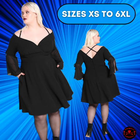 blonde lady wearing black witchy style dress