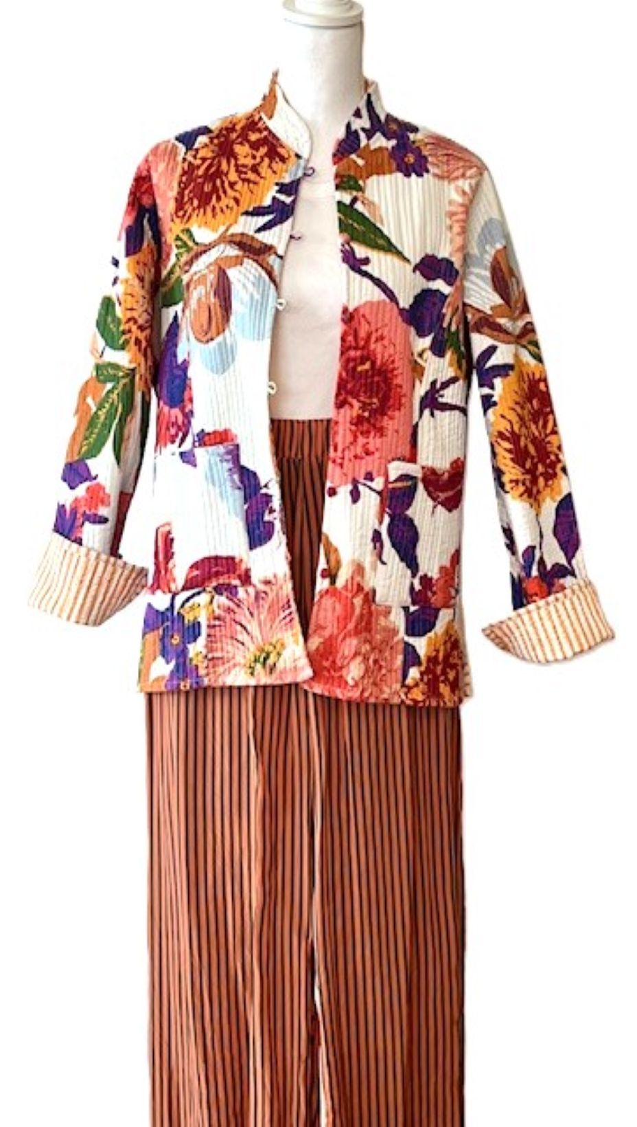 New Style: Floral Cotton Quilted Womens Jacket Fully Reversible In Stripes. (Copper)