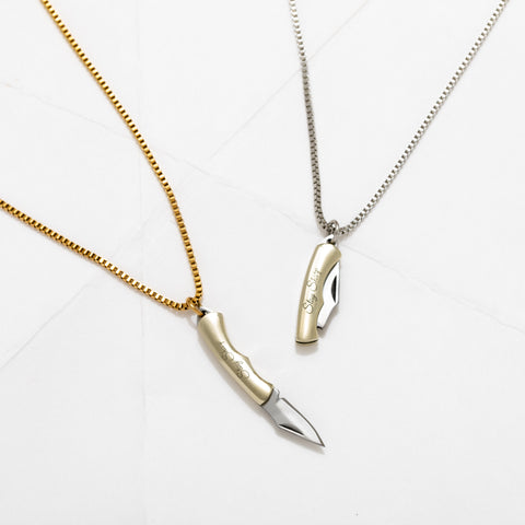Sloan knife necklace — engraved with "Stay Sharp"