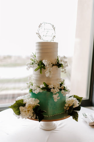 wedding cake, hexagon cake, pop of color cake, teal cake, turquoise cake