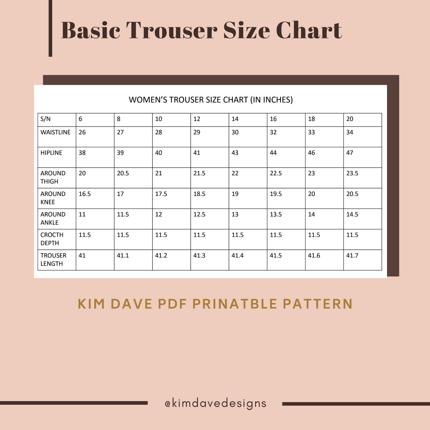 PDF Basic Trouser Printable Sewing Patterns U.K. Size 6 - 20 – Kim Dave
