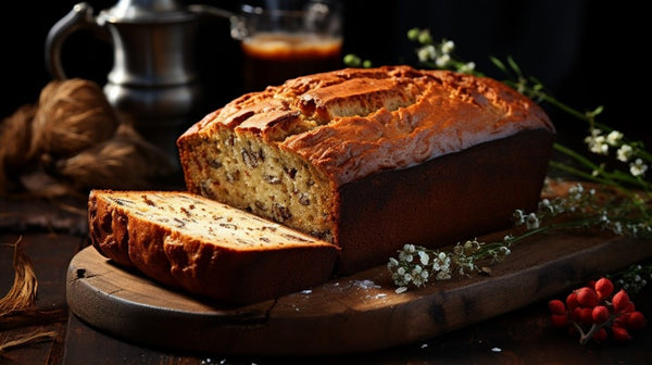 Hawaiian Rainbow Bees Honey Banana Bread on a wooden cutting board. Banana bread recipe.