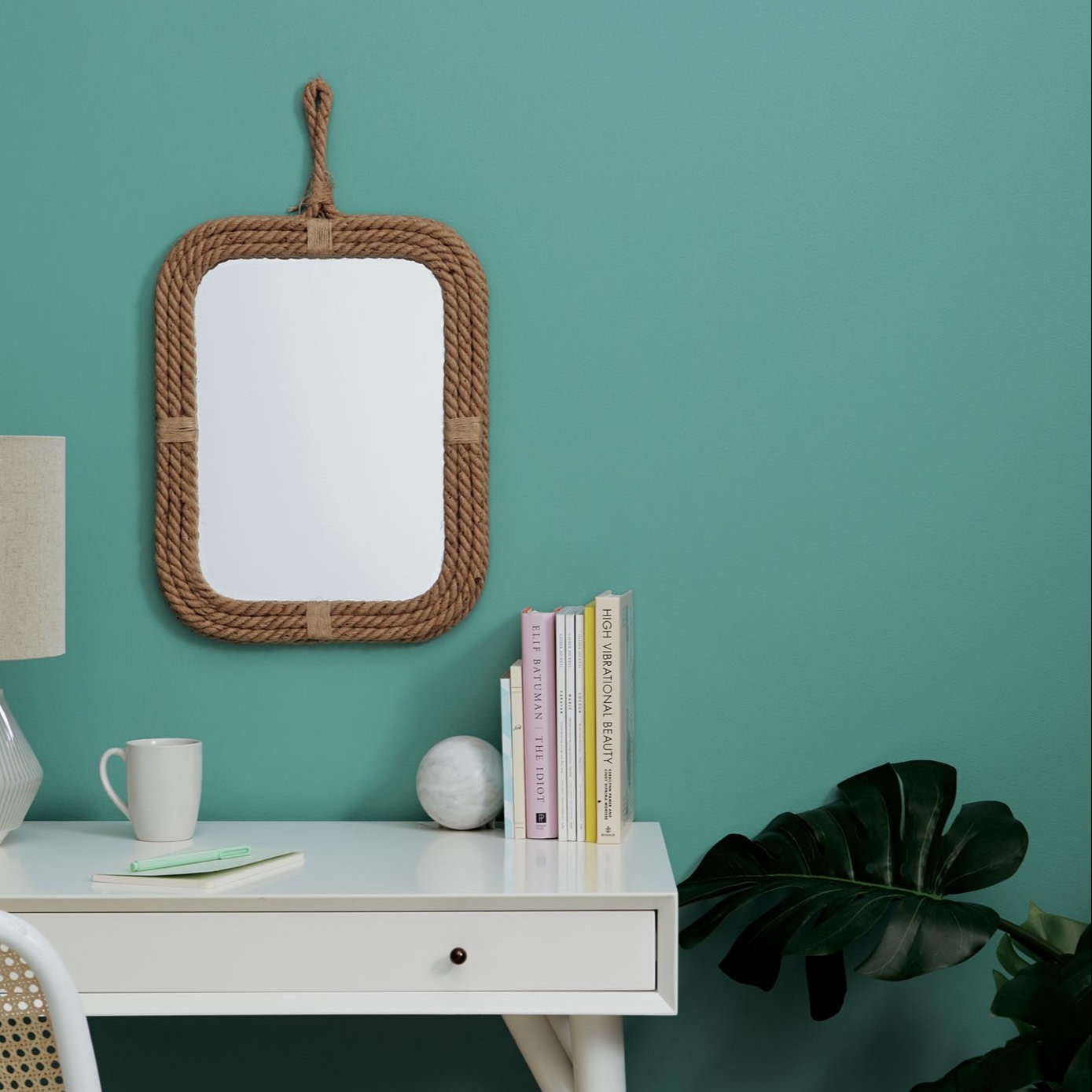 vanity mirror, desk, and plant, teal wall paint color Clare paint vacay