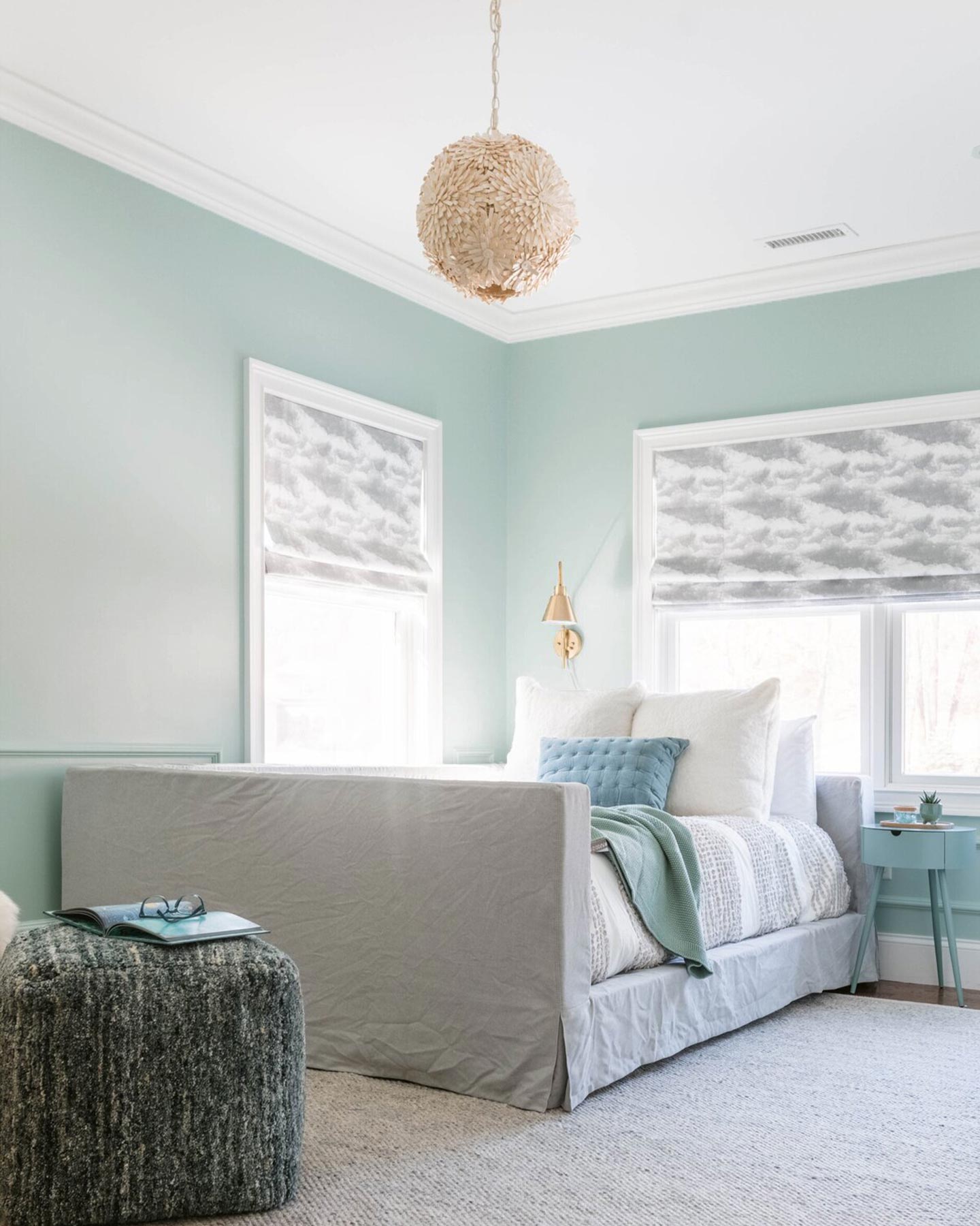Bedroom paint colors like Headspace, an airy blue-green, help promote peace and relaxation.