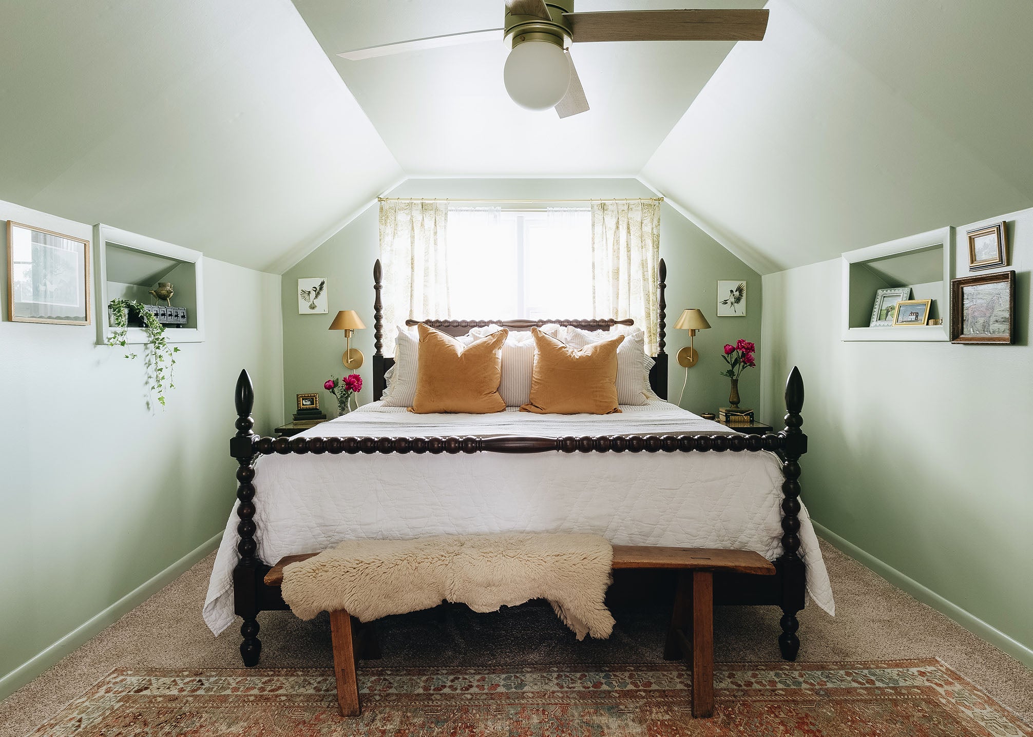 Recreate this cottagecore bedroom with a soft green paint color, like Clare's Dirty Martini.