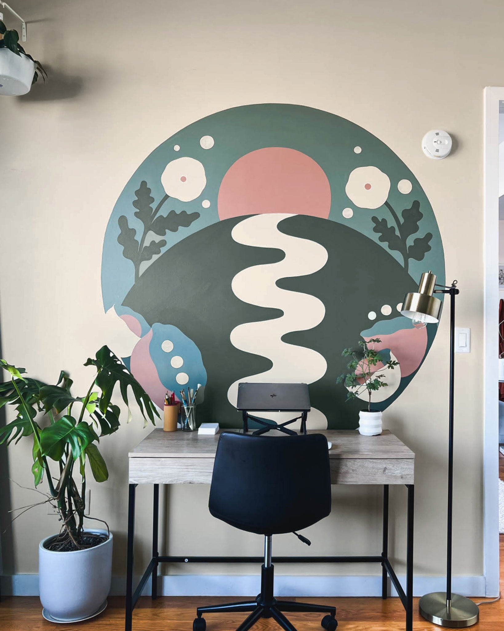 Home office mural inspired by nature using Clare colors Mellow Mood, Current Mood, Subrosa and Like Buttah. See how Clare Collective ambassador Lauren Hom pulled this off on the Clare blog.