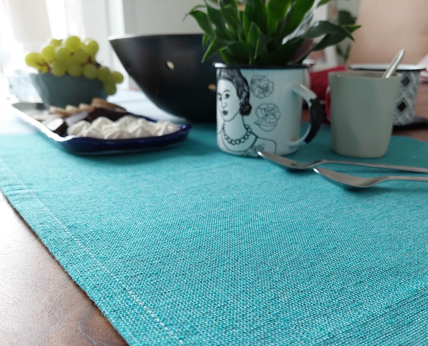 Artisan made cotton table runner acqua for coffee table setting