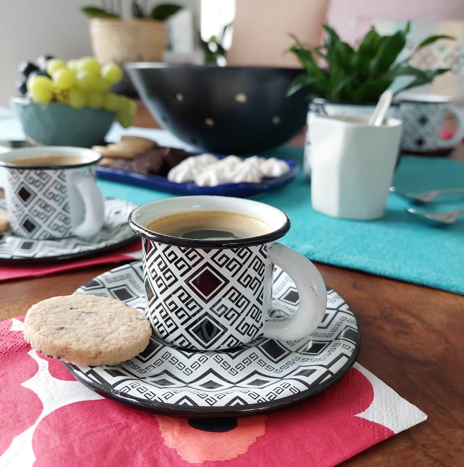 Modern enamel espresso cup geometric black & white in table setting