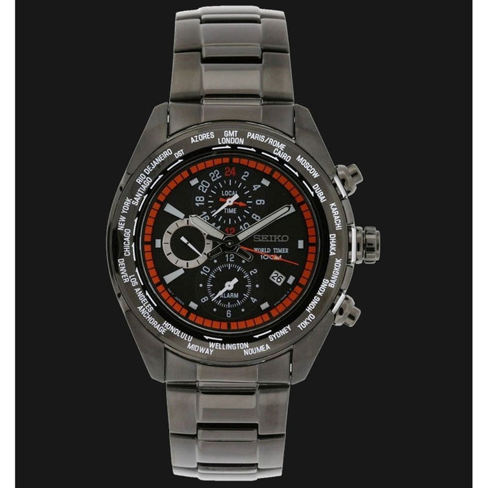 Seiko World Timer Quartz Chronograph Black Stainless Steel Watch SPL03 —  