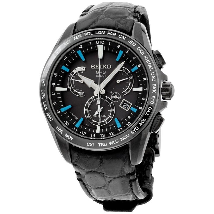 Seiko Astron GPS Solar Solar Chronograph World Time Black Leather Watc —  