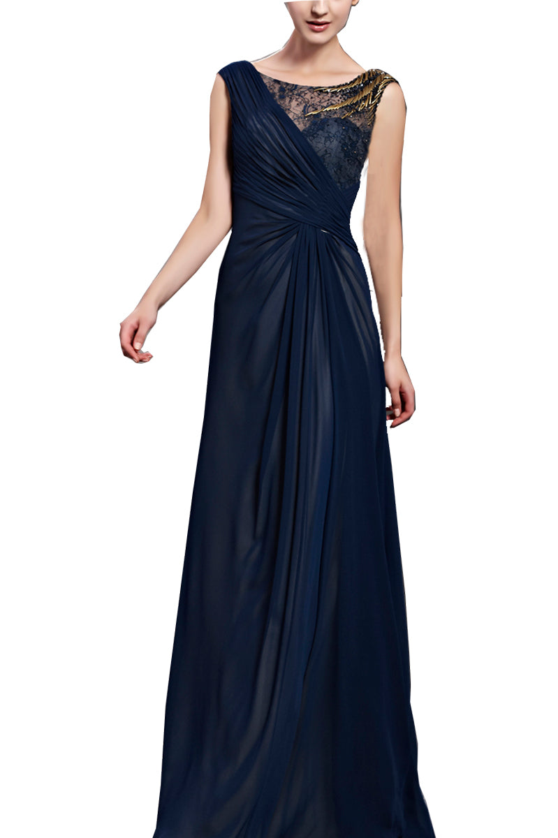 Sleeveless Midnight Blue Chiffon Evening Dress with Lace (30106 ...