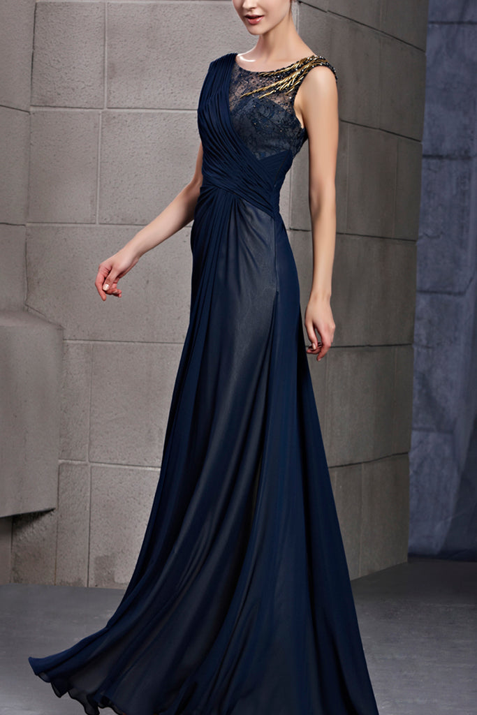 Sleeveless Midnight Blue Chiffon Evening Dress With Lace 30106