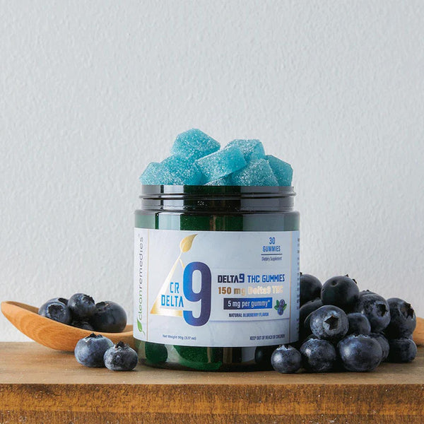 blueberries surrounding a jar of delta 9 thc gummies from clean remedies cannabis overdose oral ingestion edibles to kick long does it take for edibles to kick