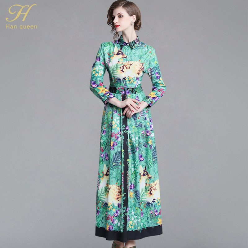 H Han Queen 2018 Autumn Floral Print Boho Beach Long Dress Tunic Maxi Vestidos Women Evening