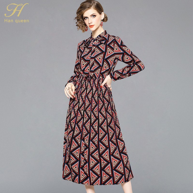 H Han Queen 2018 Autumn Runway Bow Geometry Printing Dresses Print Boho Beach Dress Elastic Waist