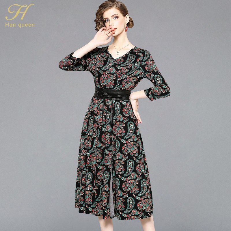 H Han Queen 2018 Autumn Runway Casual V Neck Dresses Floral Print Boho Beach Dress Tunic Women