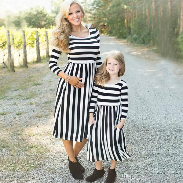 Mother Daughter Dresses Long Sleeve Family Look Striped Family Matching Clothes Mom And Daughter Dress Family Matching Outfits