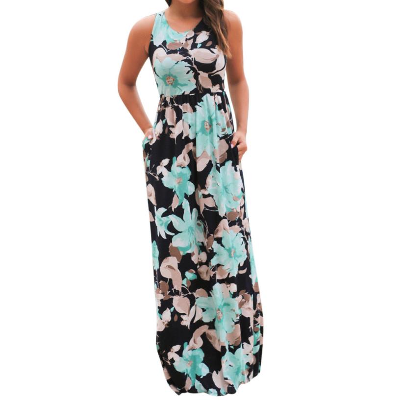 Women Sleeveless Floral Print Maxi Dress With Pockets Beach