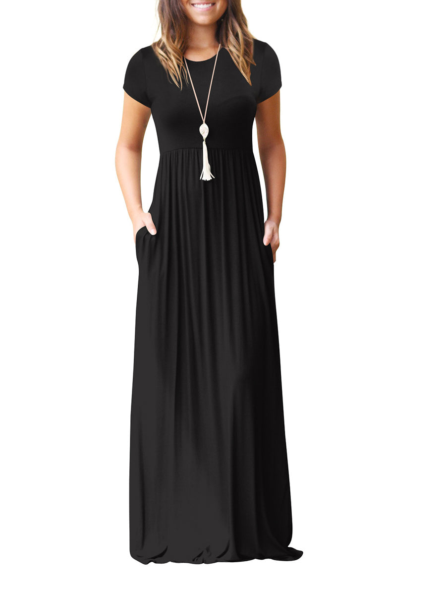 Round Neck Patch Pocket Plain Maxi Dress – Veooy