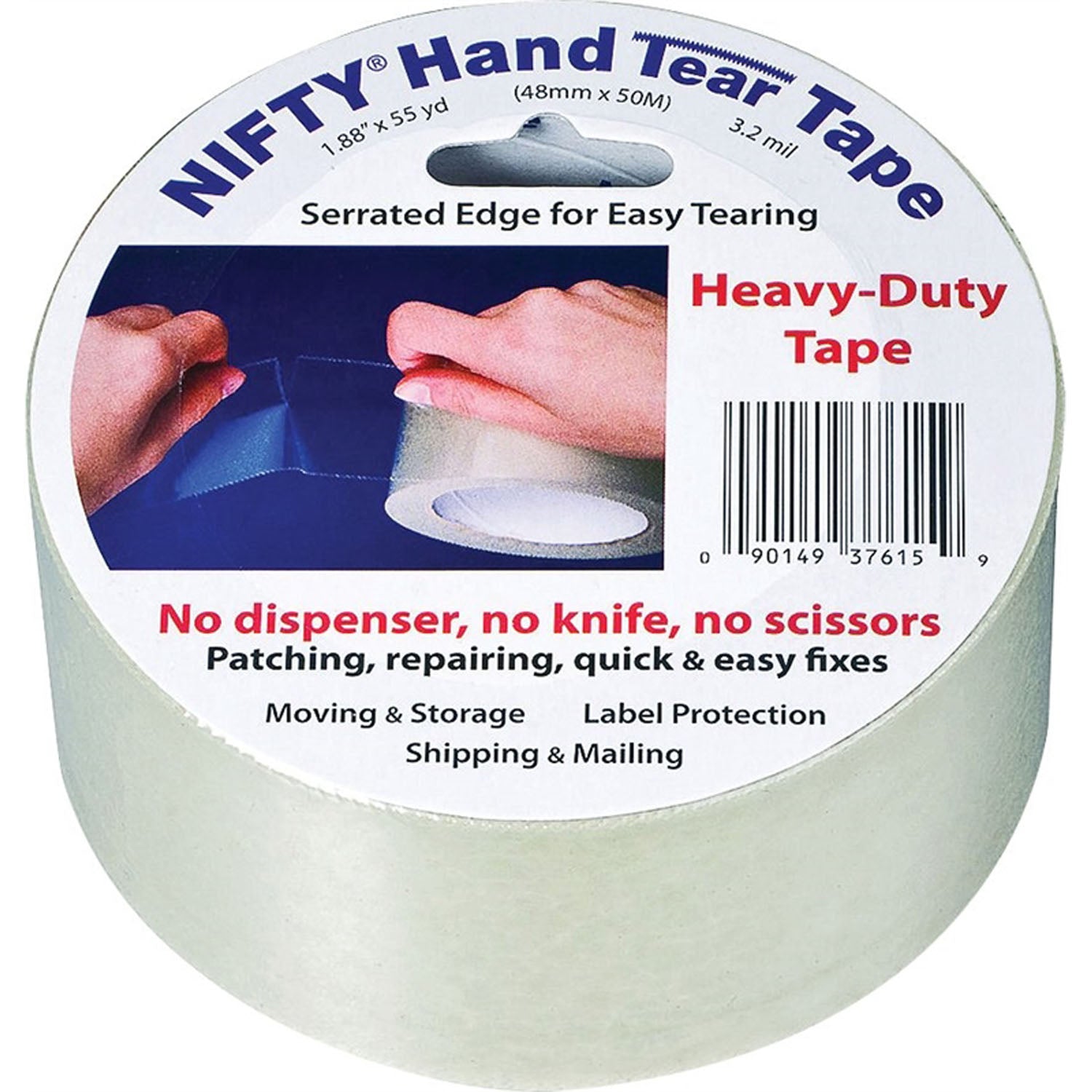 Nifty T3761RTL Heavy-Duty Hand Tear Tape, 55 yd L, 2 in W, 3.2 mil thi ...