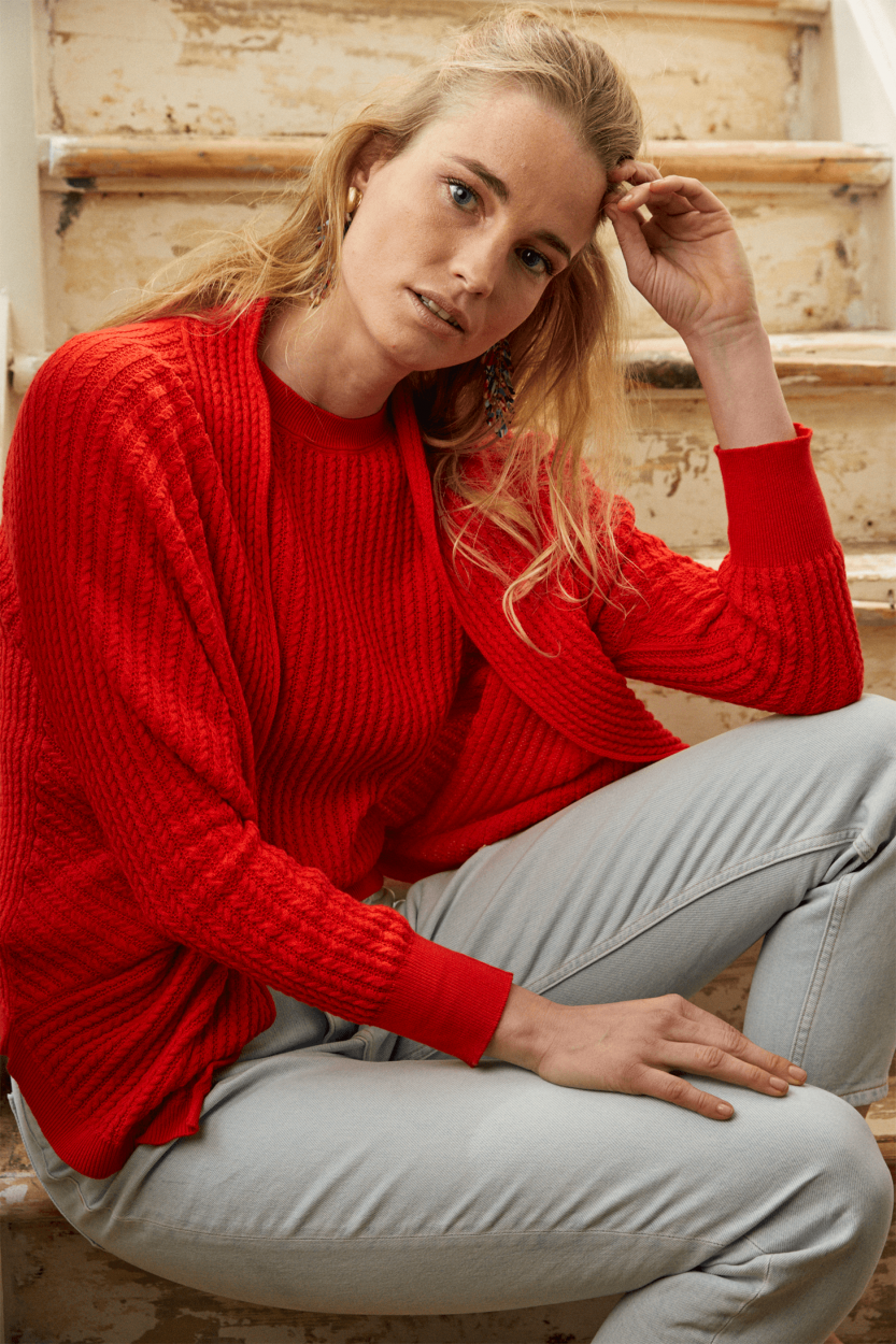 Happy Cable 100% Cotton Cardigan | red - Bellamy Gallery