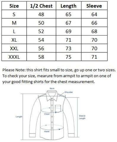Size chart for men's Camoflaguge shirt.