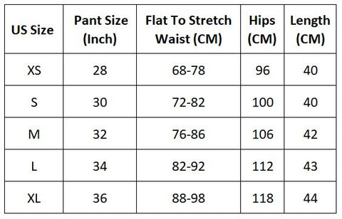 US size chart for Guts beach shorts.