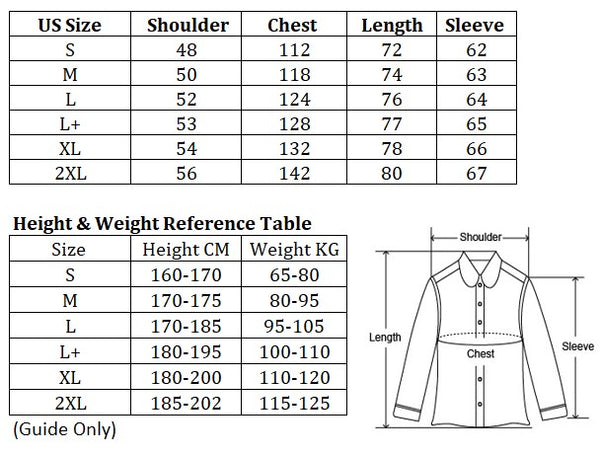 Size measurements for men's flannel plaid jacket