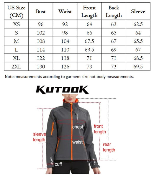 Size chart showing garment measurements for the women's Kutook softshell jacket.