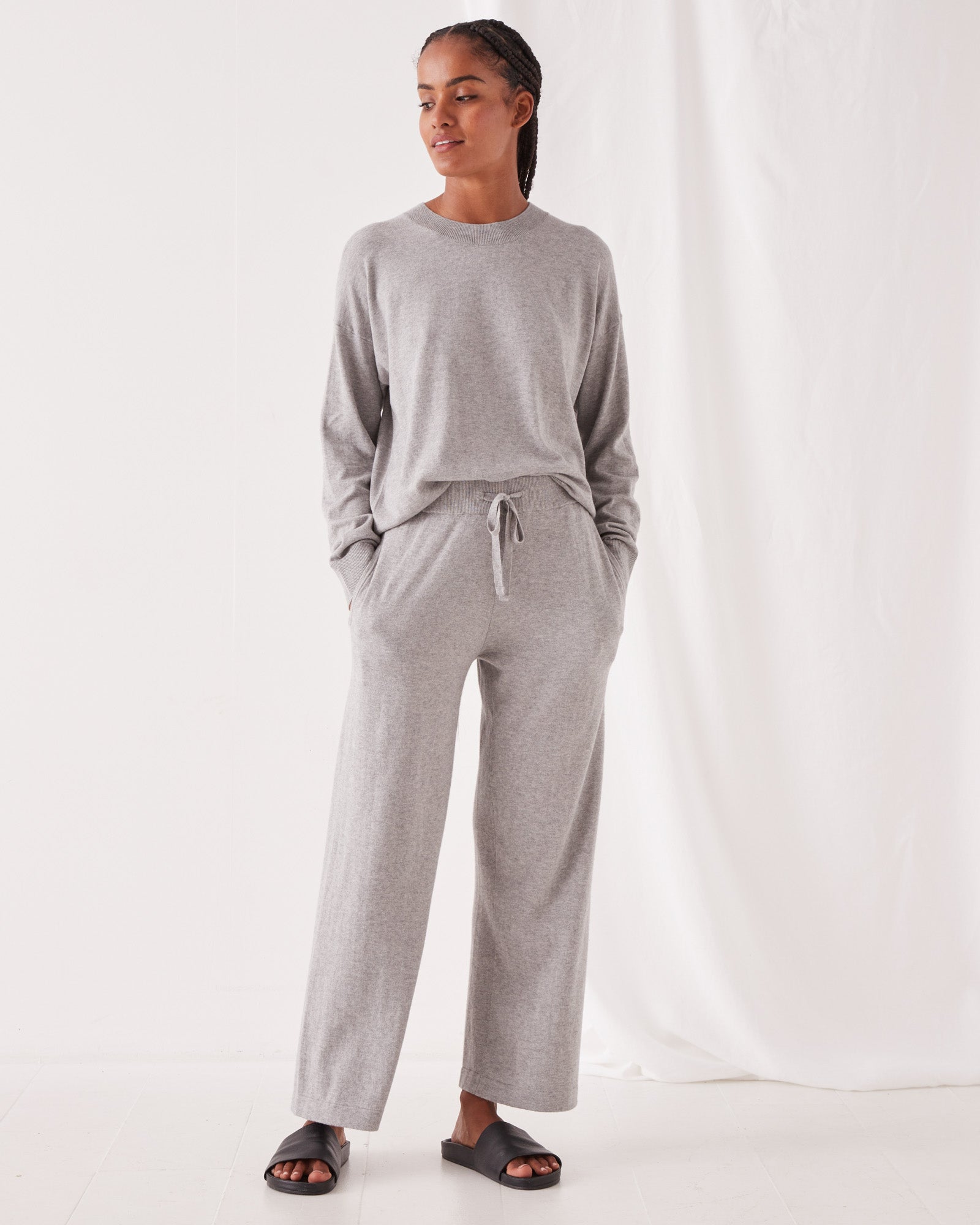 Cotton Cashmere Wide Leg Pant Grey Marle | Assembly Label Lounge