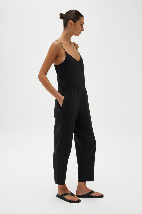 black linen overalls women's